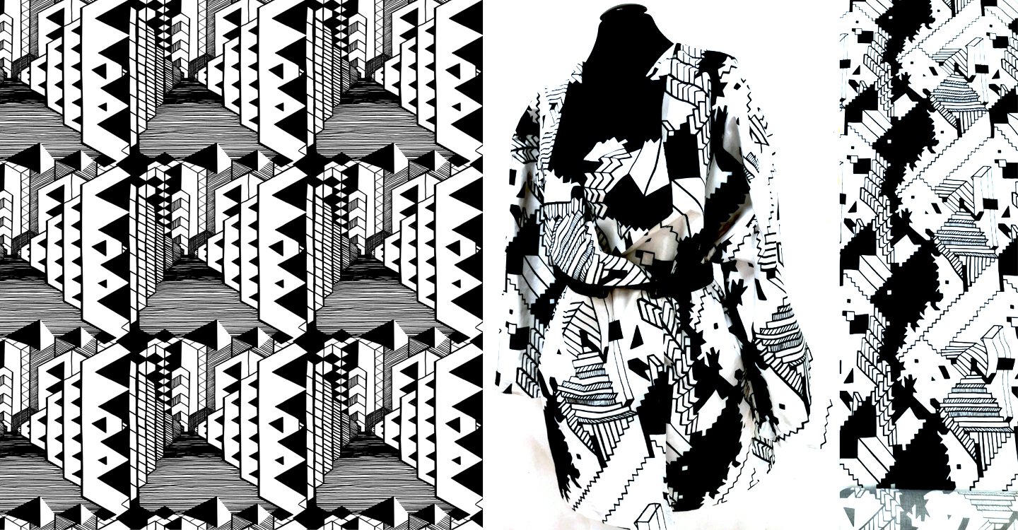 Svartvitt mönster bredvid en kavaj i samma svartvita mönster.