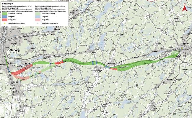 Skiss som visar Trafikverkets alternativ för korridordragningar för en ny järnväg mellan Göteborg och Borås. 