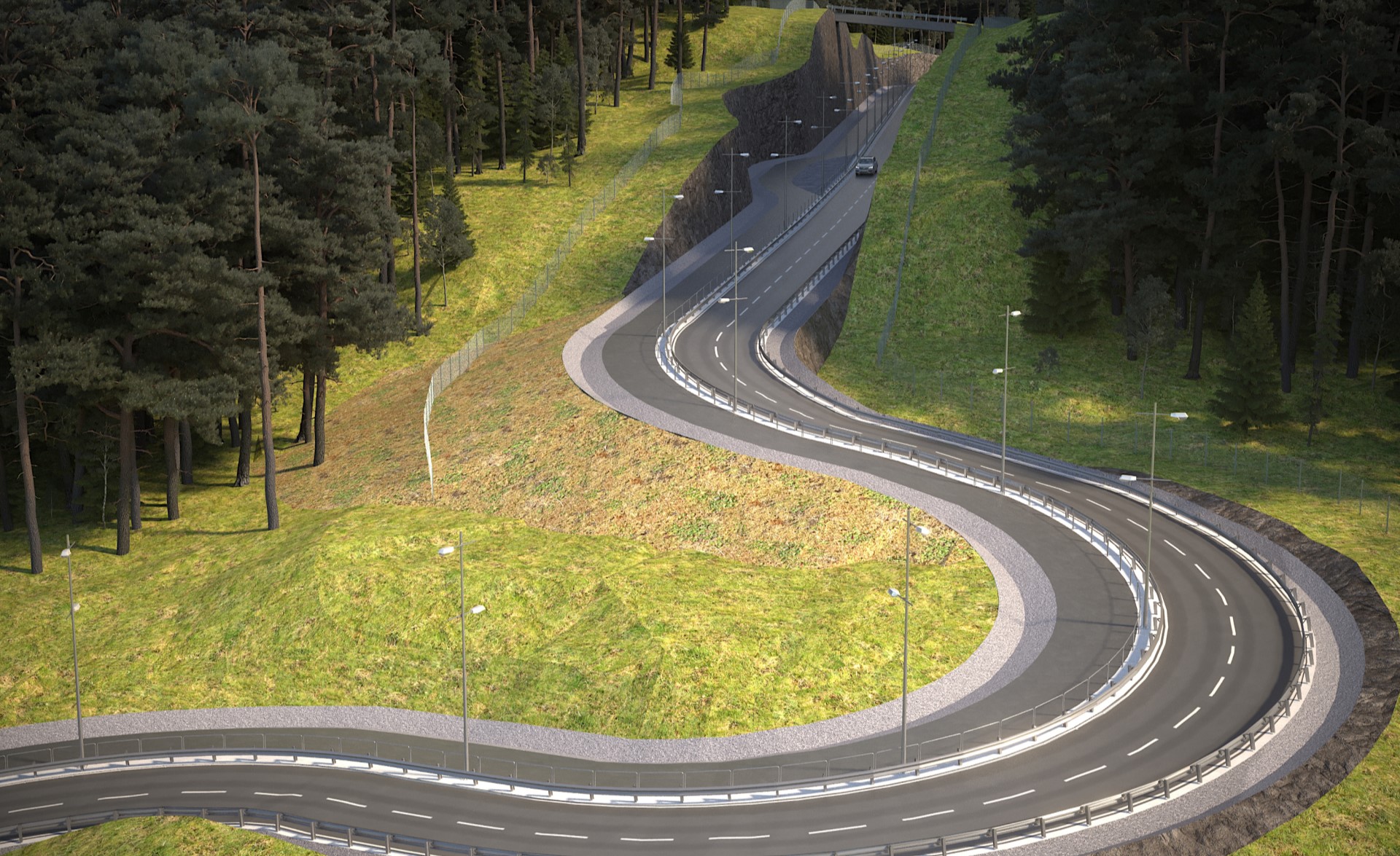 Den nya huvudvägen Magasinsvägen som slingrar sig upp i bergssprängt skogsparti.