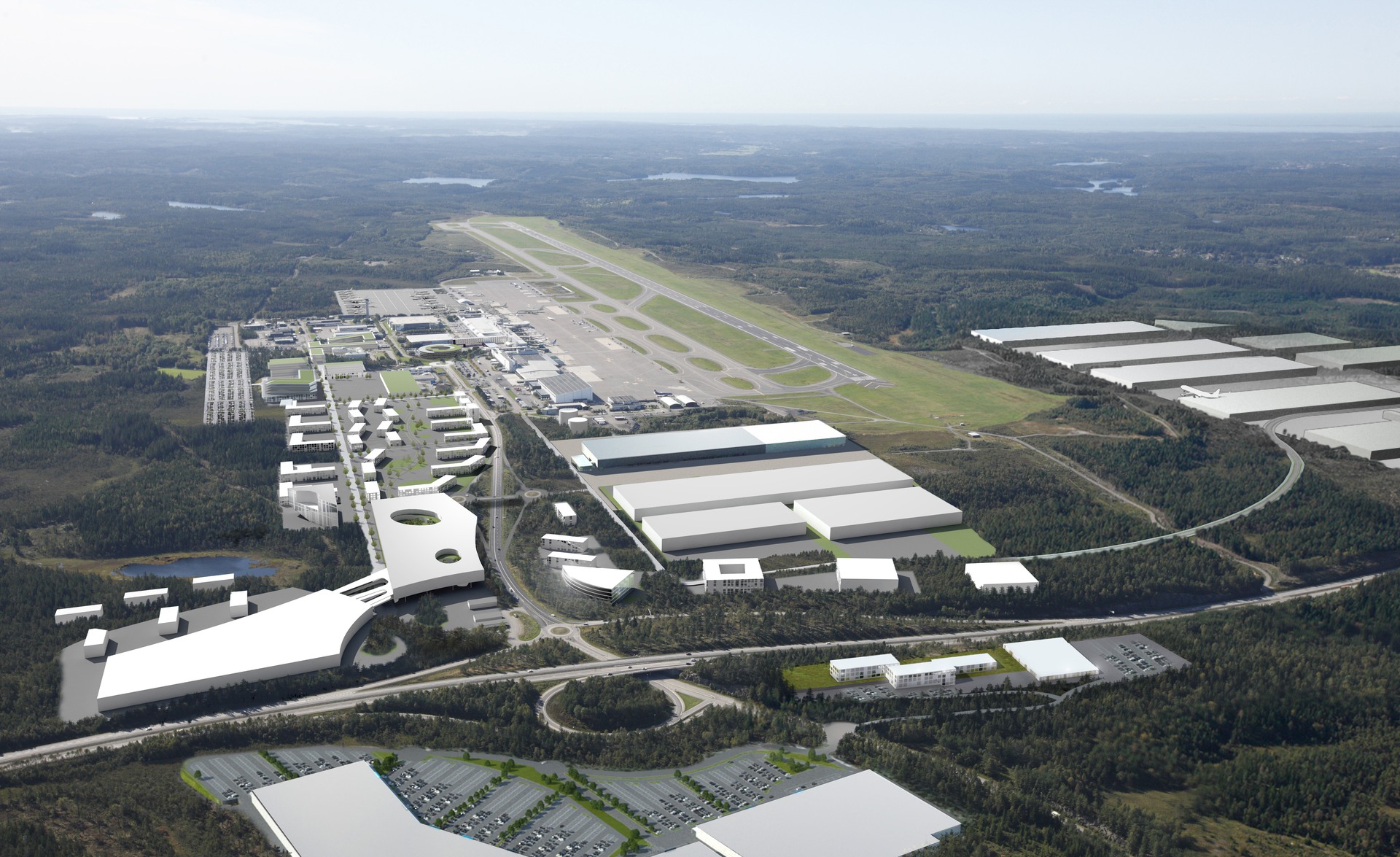 Illustration över befintliga och planerade byggnader vid Landvetter Airport