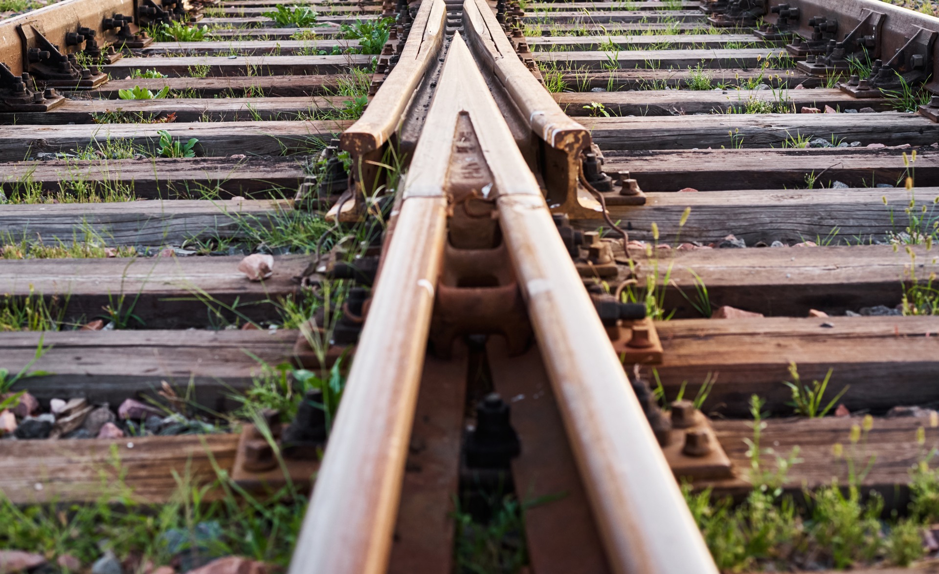 Two railway tracks merge together. Railway crossing