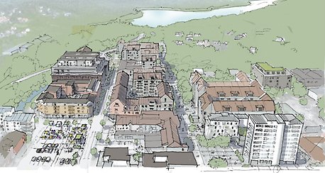 Tidigt förslag: Illustrerad utsikt över Mölnlycke centrum mot Rådasjön med tätare kvarter utmed Biblioteksgatan och Centralvägen. Samtliga illustrationer: Krook&Tjäder