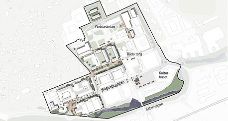 Tidigt förslag: Skiss från ovan där förslag på nya hus och byggnader är markerade med tunn svart ram runt. Vita figurer är befintliga hus.