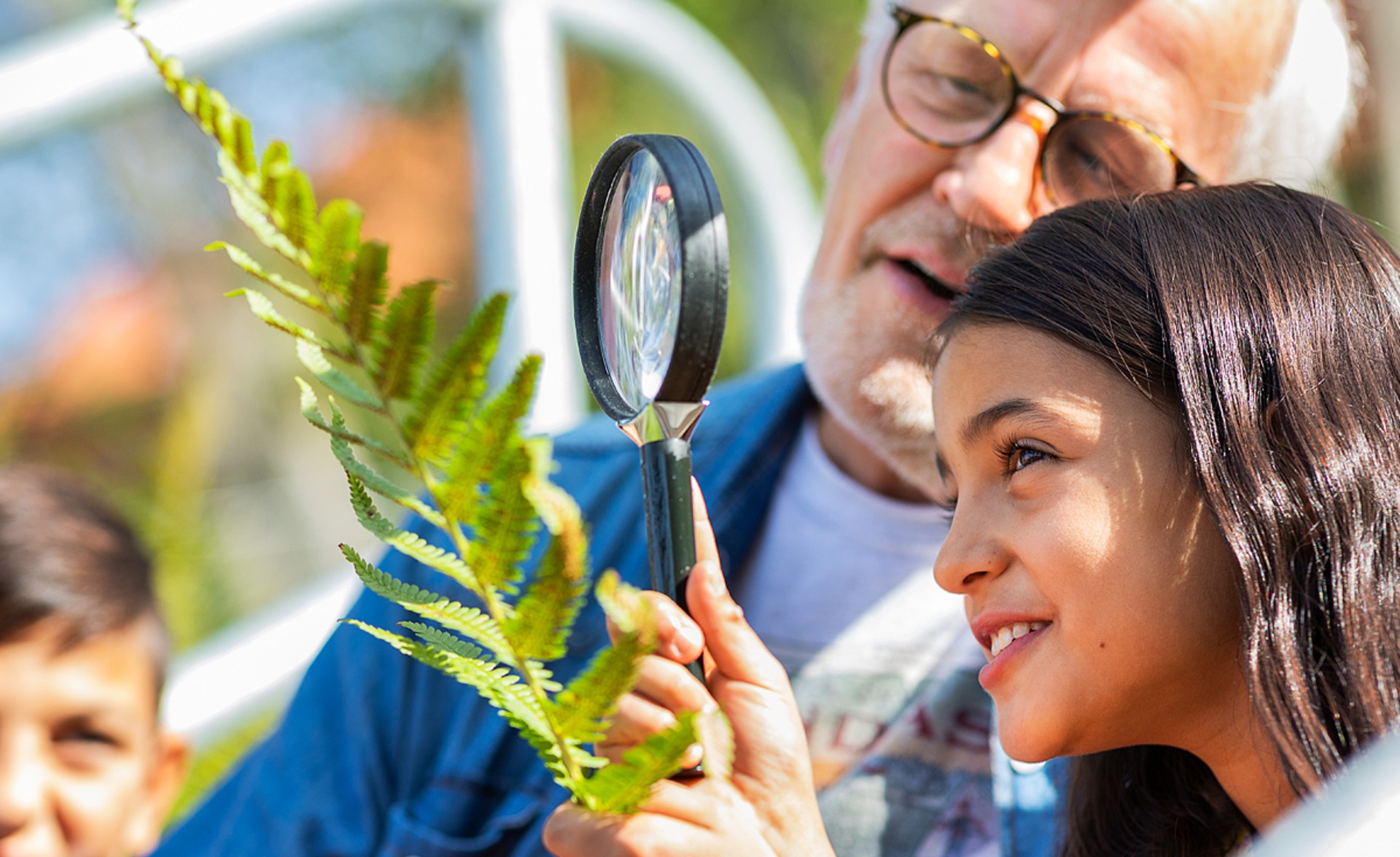 Barn och senior man tittar på ett ombunksblad med förstoringsglas.