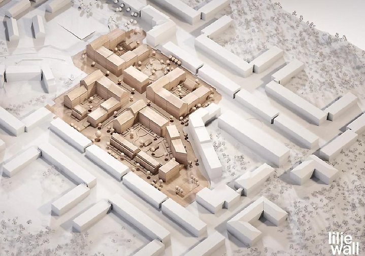 En illustrerad 3D-modell av nya bostadshus placering och storlekar i centrala Säteriet i Mölnlycke.
