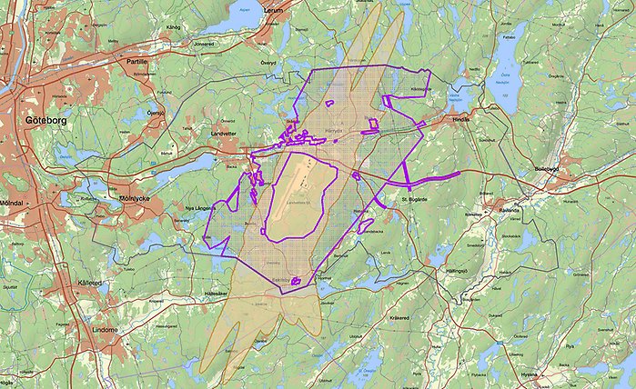 Kartskissen visar riksintresse för kommunikationer och bullerzon med restriktion för byggande kring Landvetter flygplats.