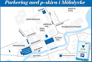 Karta över parkeringar där p-skiva ska användas i Mölnlycke