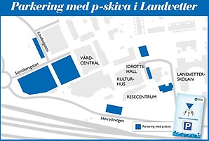 Karta över parkeringar där p-skiva ska användas i Landvetter