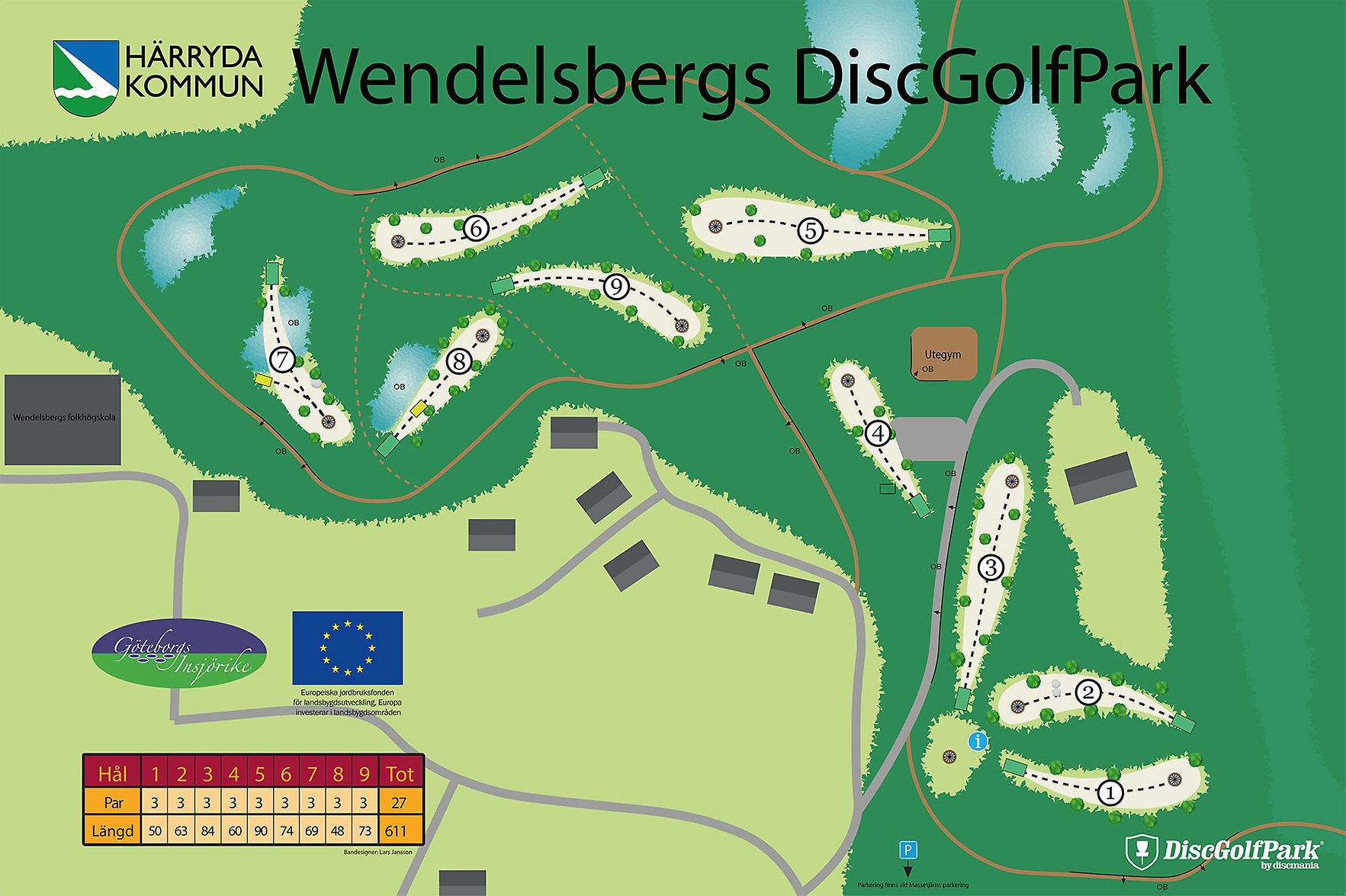Illustrerad karta över Wendelsberg discgolfpark.